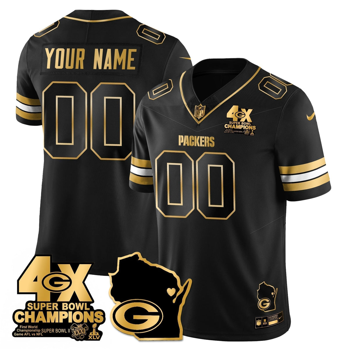 GB 4-Time Champions Patch Vapor Limited Gold Jersey - Stitched