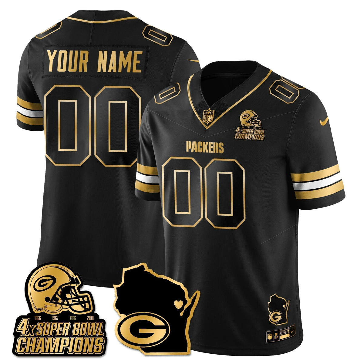 GB 4-Time Champions Patch Vapor Limited Gold Custom Jersey - Stitched