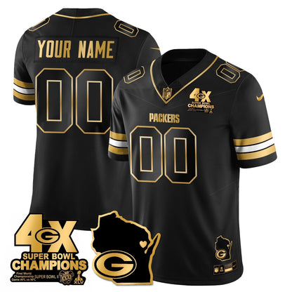 GB 4-Time Champions Patch Vapor Limited Gold Custom Jersey - Stitched