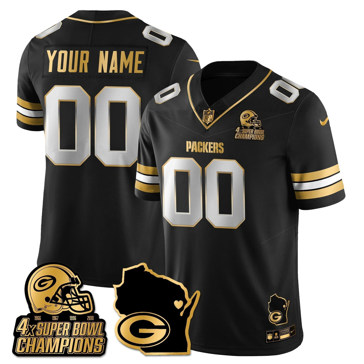 GB 4-Time Champions Patch Vapor Limited Gold Custom Jersey - Stitched