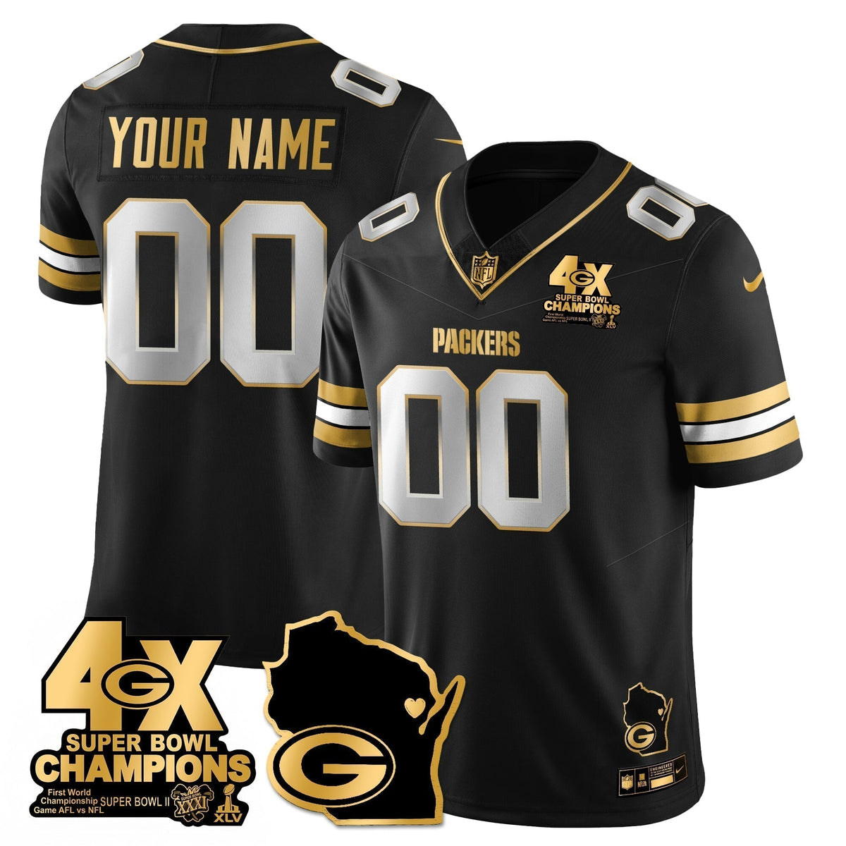 GB 4-Time Champions Patch Vapor Limited Gold Custom Jersey - Stitched