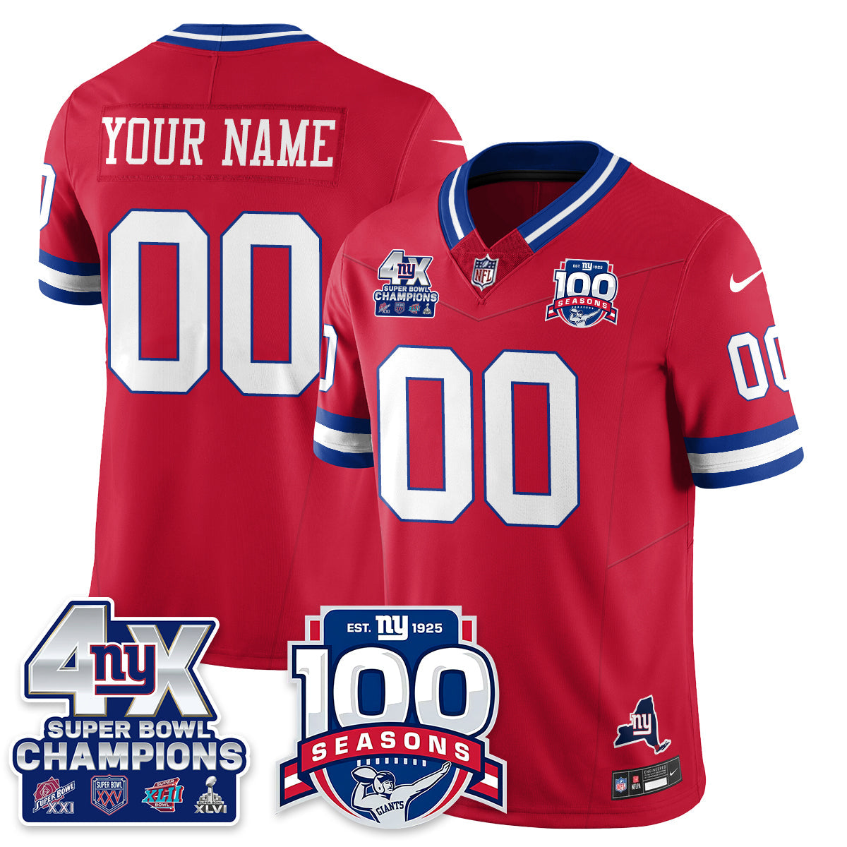 NYG 4-Time Champions Vapor Limited Custom Jersey- 100th Season - Stitched