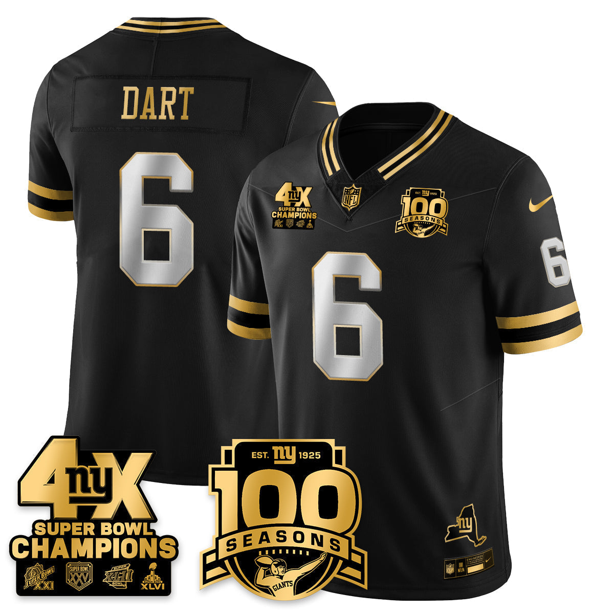 NYG 4-Time Champions Limited Gold Jersey- 100th Season - Stitched