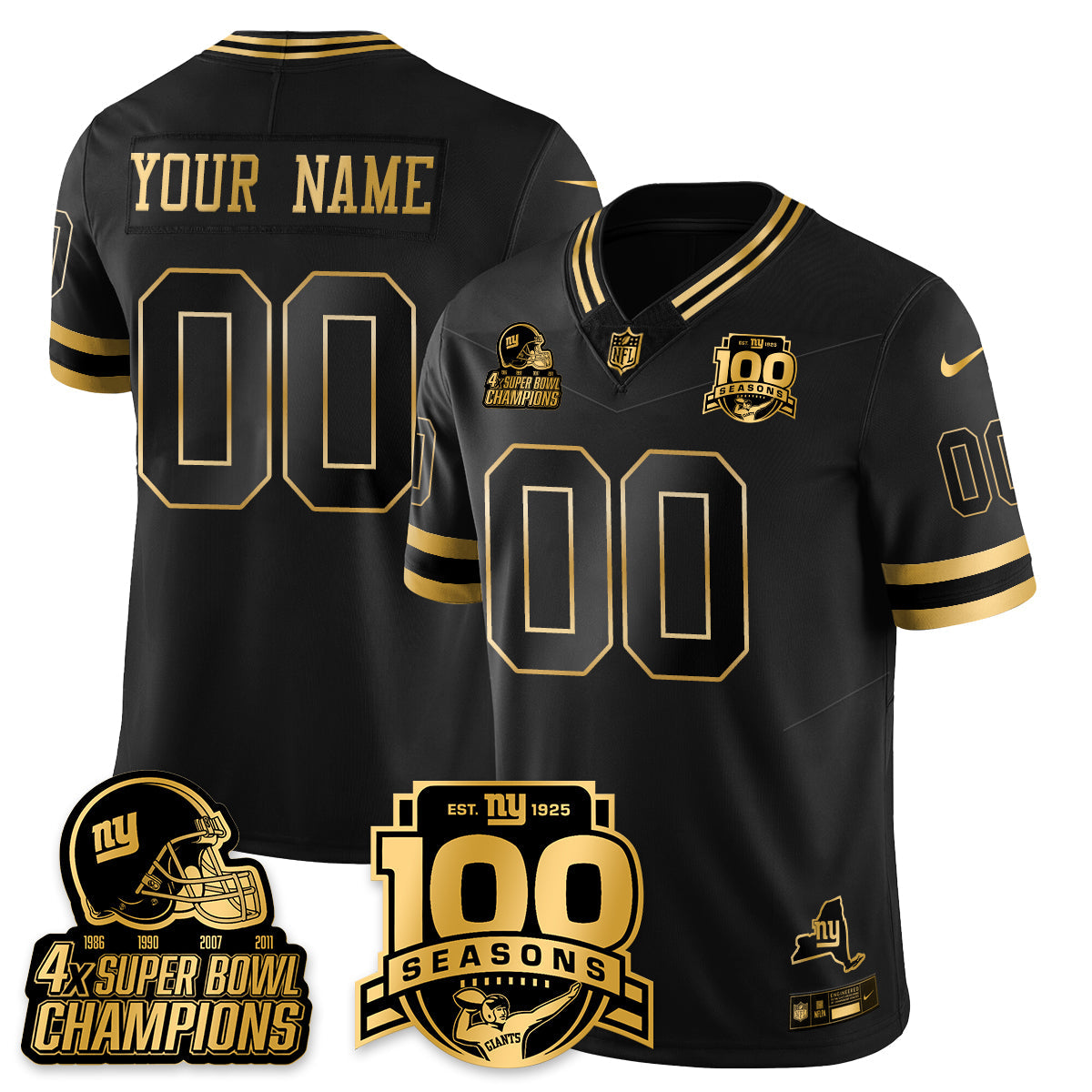 Custom NYG 4-Time Champions Limited Gold Jersey V2- 100th Season - Stitched
