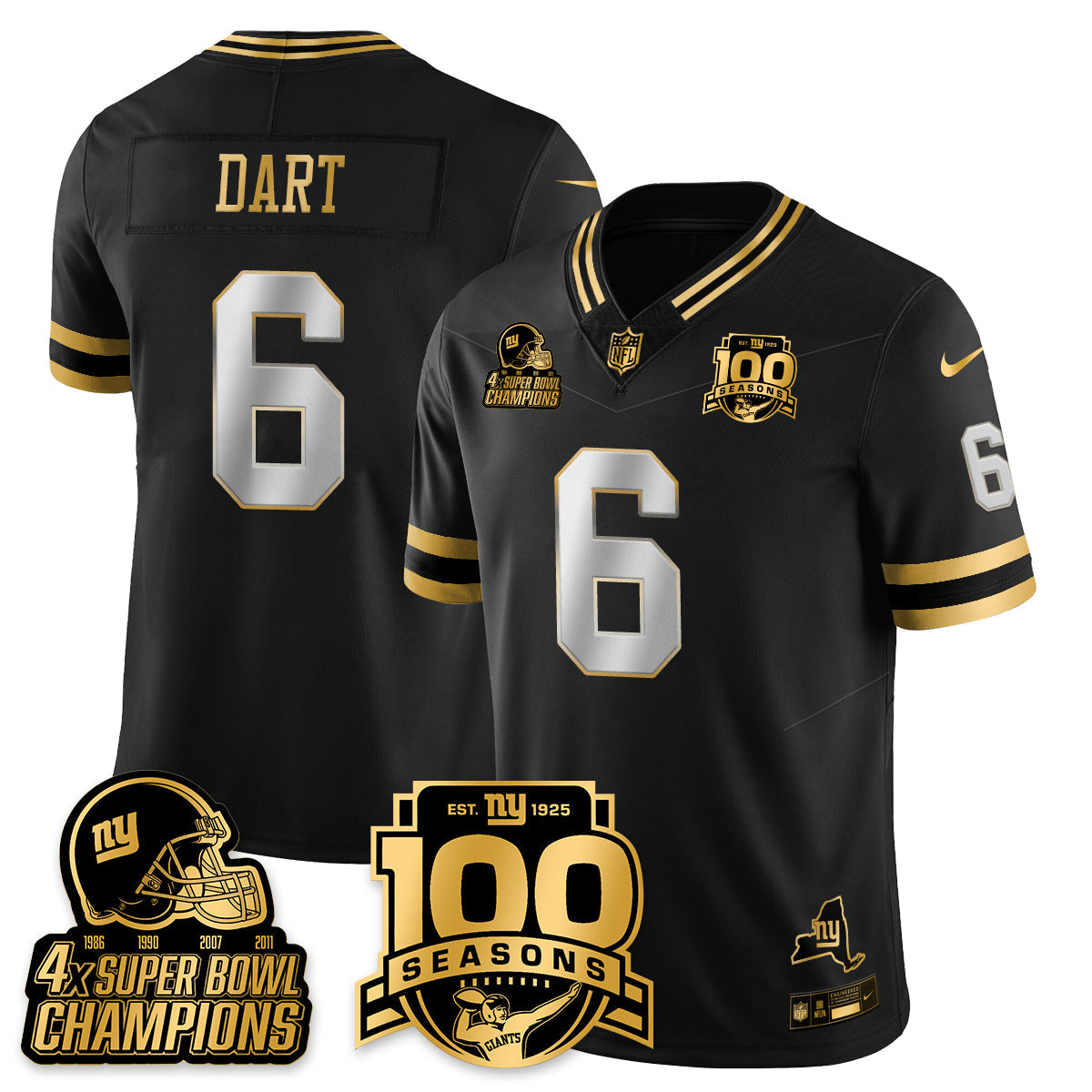 NYG 4-Time Champions Limited Gold Jersey V2- 100th Season - Stitched