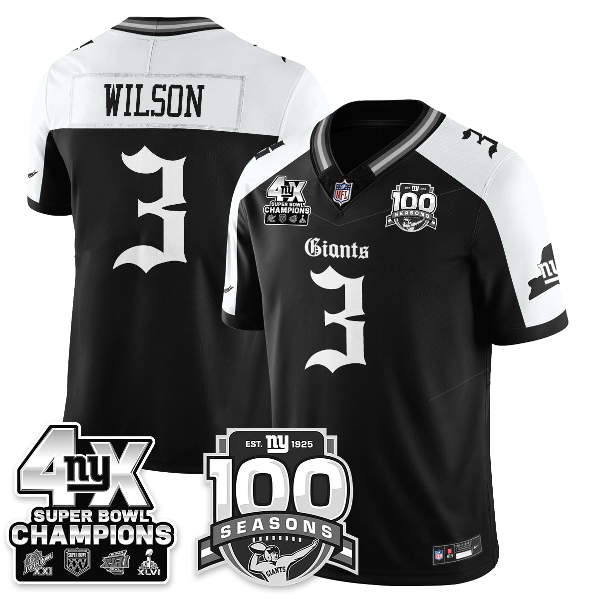 NYG 4-Time Champions Gothic Vapor Limited Jersey - 100th Seasons - Stitched