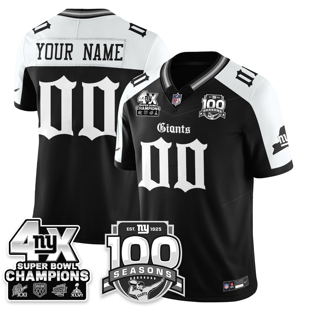 NYG 4-Time Champions Gothic Vapor Limited Custom Jersey - 100th Seasons - Stitched