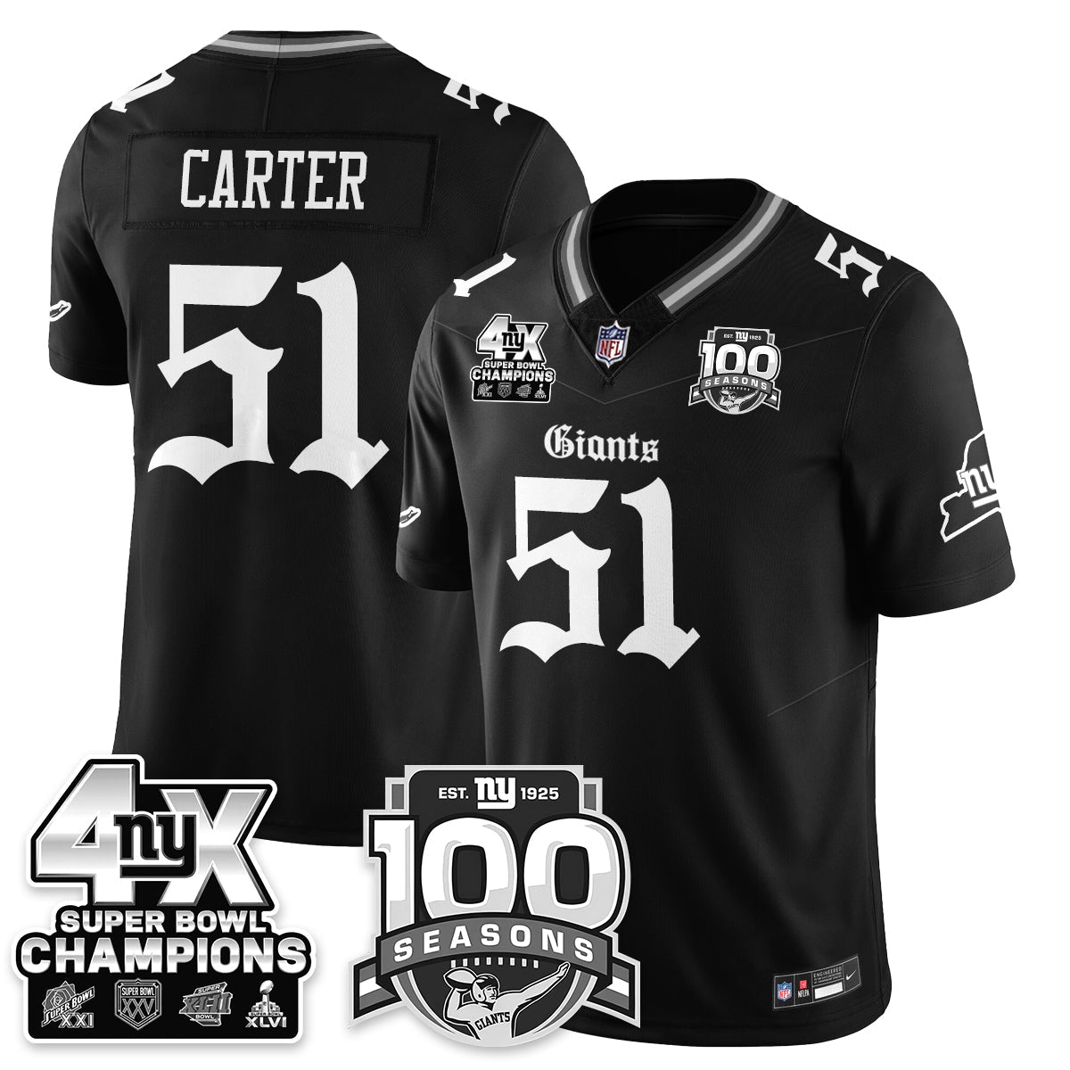 NYG 4-Time Champions Gothic Vapor Limited Jersey - 100th Seasons - Stitched