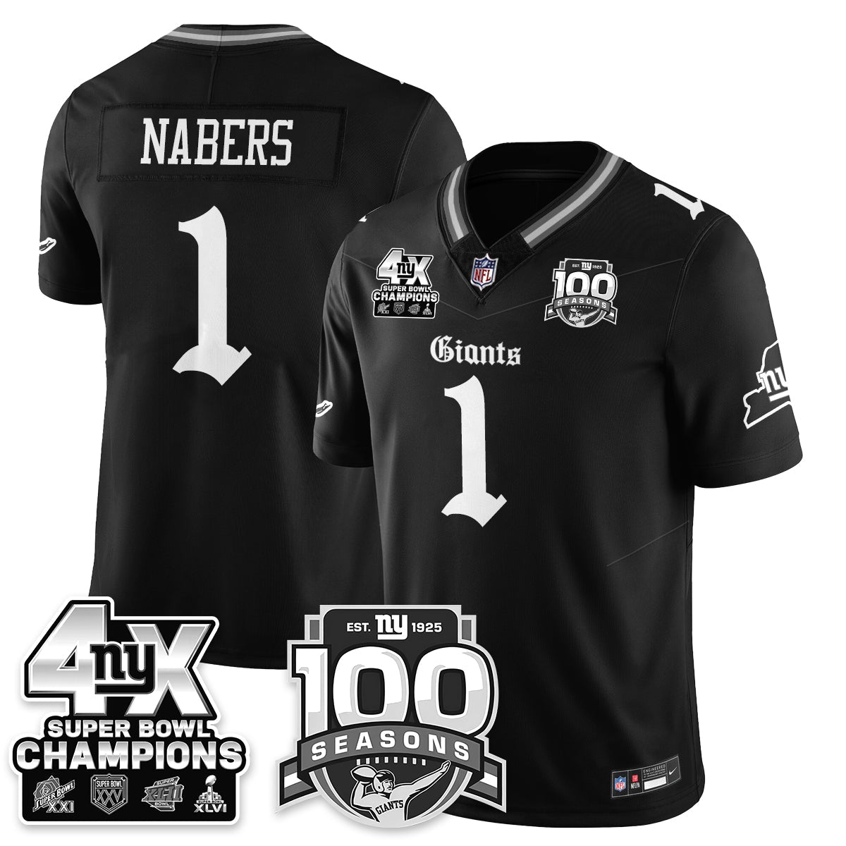 NYG 4-Time Champions Gothic Vapor Limited Jersey - 100th Seasons - Stitched
