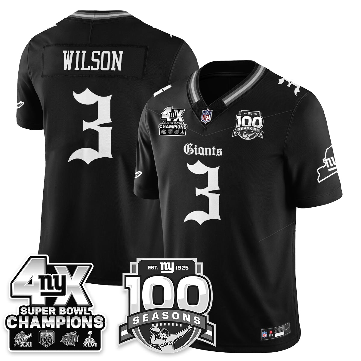 NYG 4-Time Champions Gothic Vapor Limited Jersey - 100th Seasons - Stitched