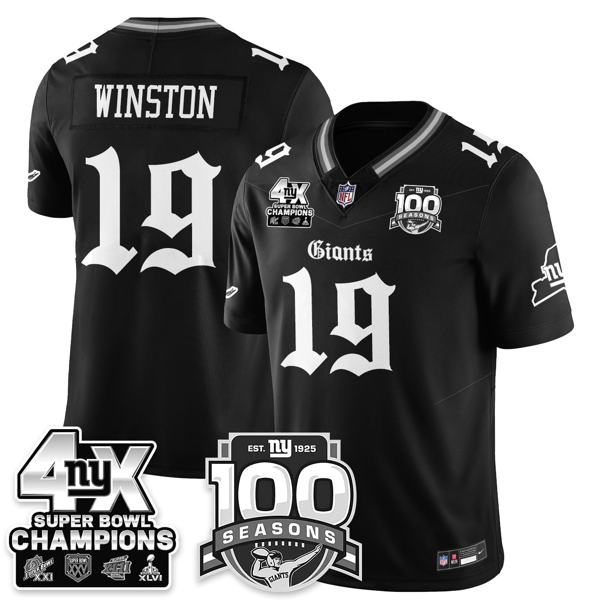 NYG 4-Time Champions Gothic Vapor Limited Jersey - 100th Seasons - Stitched