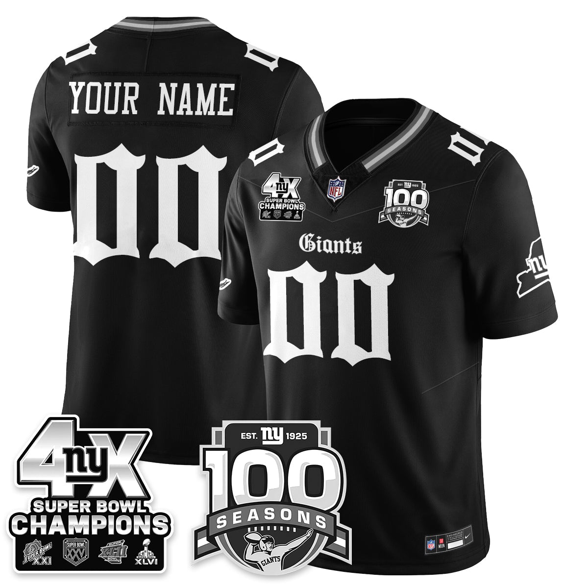NYG 4-Time Champions Gothic Vapor Limited Custom Jersey - 100th Seasons - Stitched