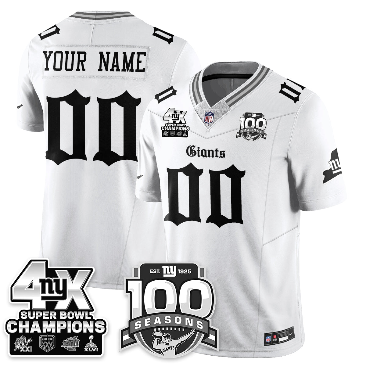 NYG 4-Time Champions Gothic Vapor Limited Custom Jersey - 100th Seasons - Stitched