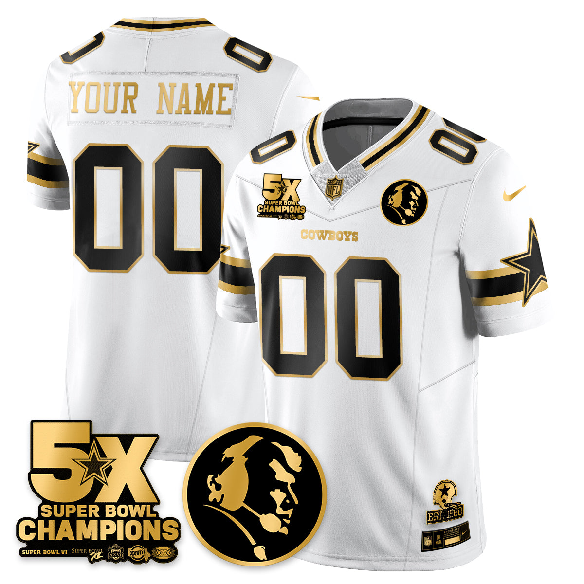Custom DAL 5-Time Champions Vapor Limited Gold Jersey - John Madden Patch - Stitched