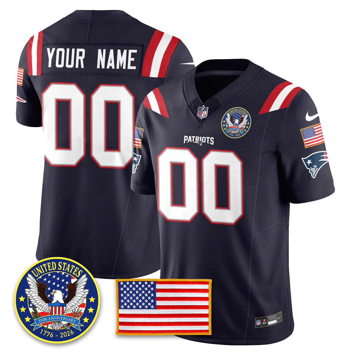 Custom NE "United States 250th Anniversary Patch" Vapor Limited Jersey - Stitched