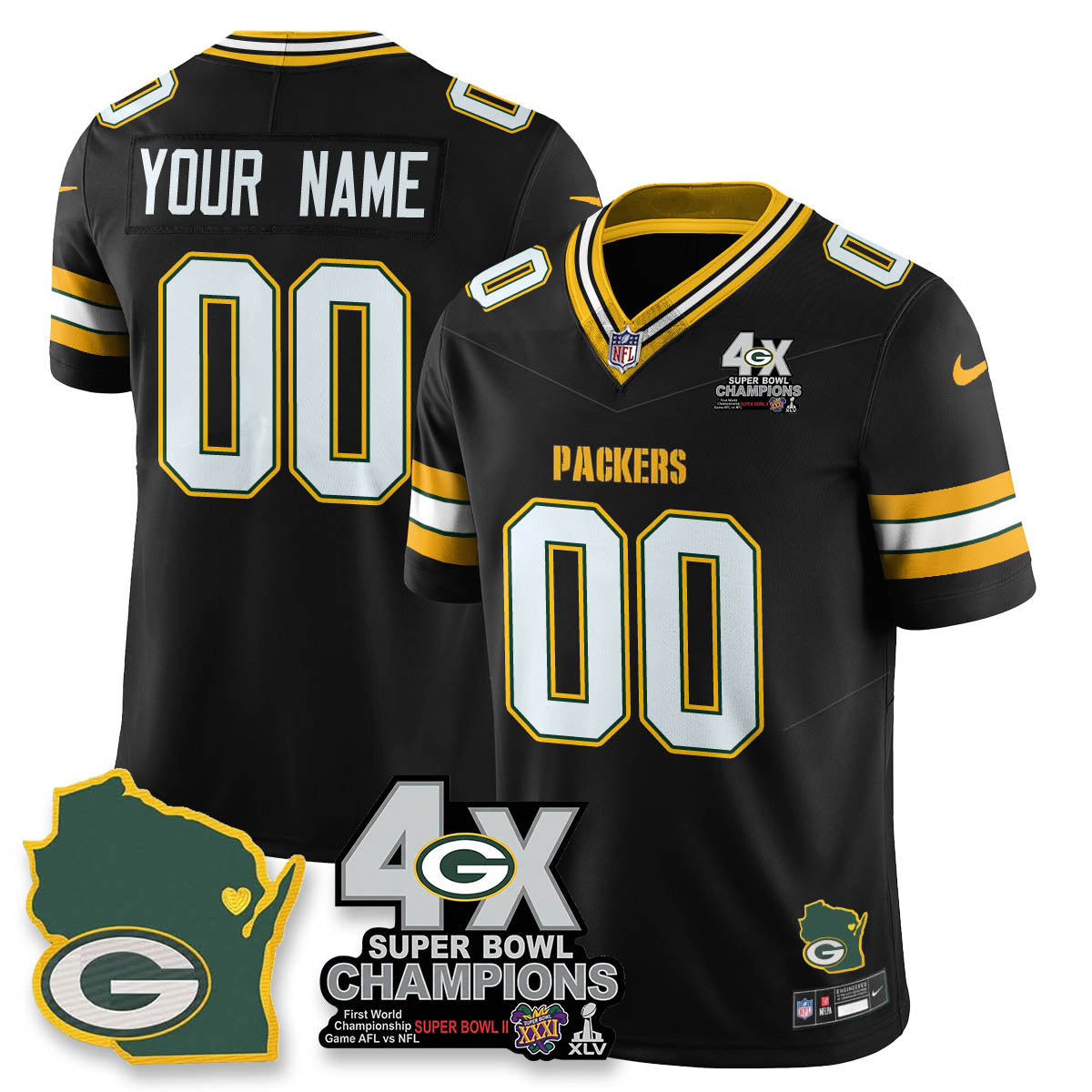 Custom GB 4-Time Champions Patch Vapor Limited Jersey - Stitched