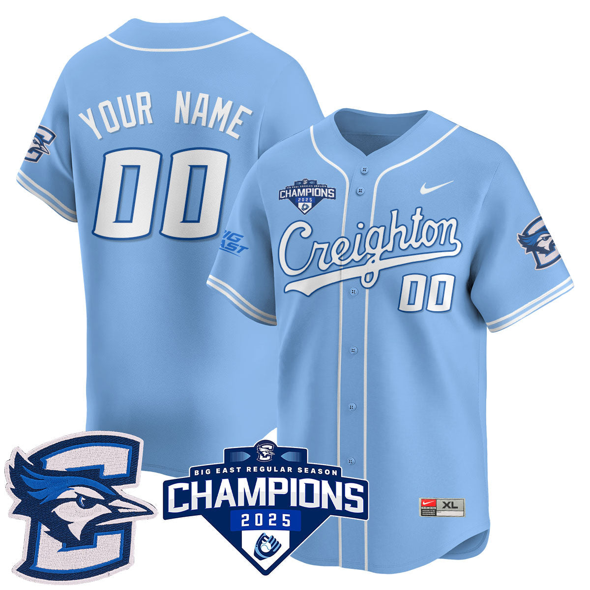 Custom Creighton Baseball 2025 Big East Baseball Tournament Champions Jersey N1 - Stitched