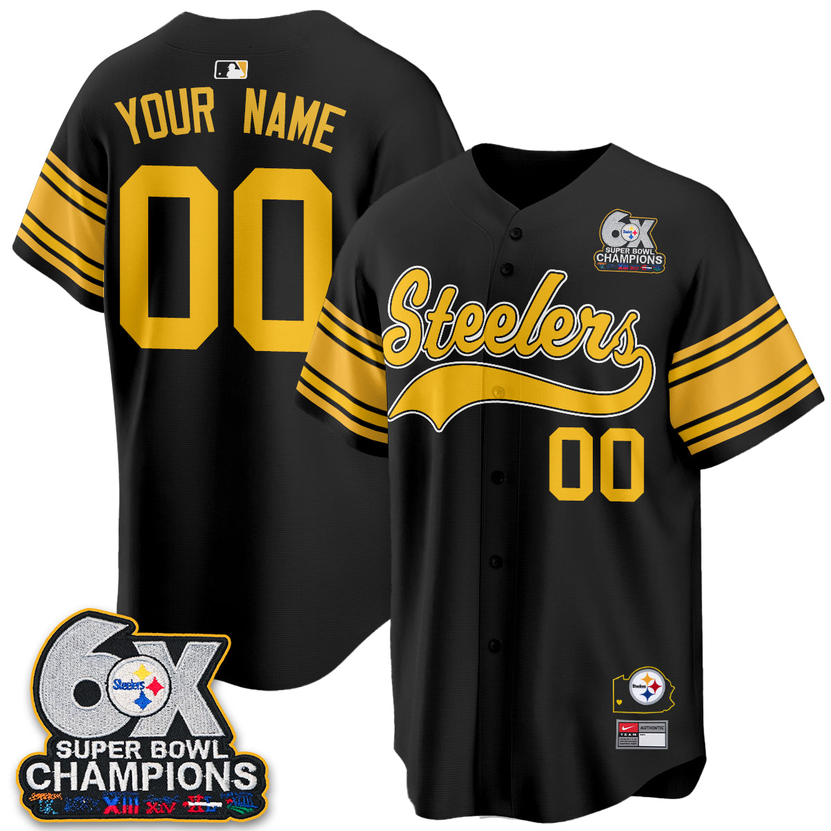 Pittsburgh Steelers 6X Champs Throwback Baseball Vapor Custom Jersey - Stitched