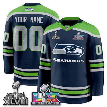 SEA 2X S.Bowl Champions Patch Custom Hockey Jersey - Stitched