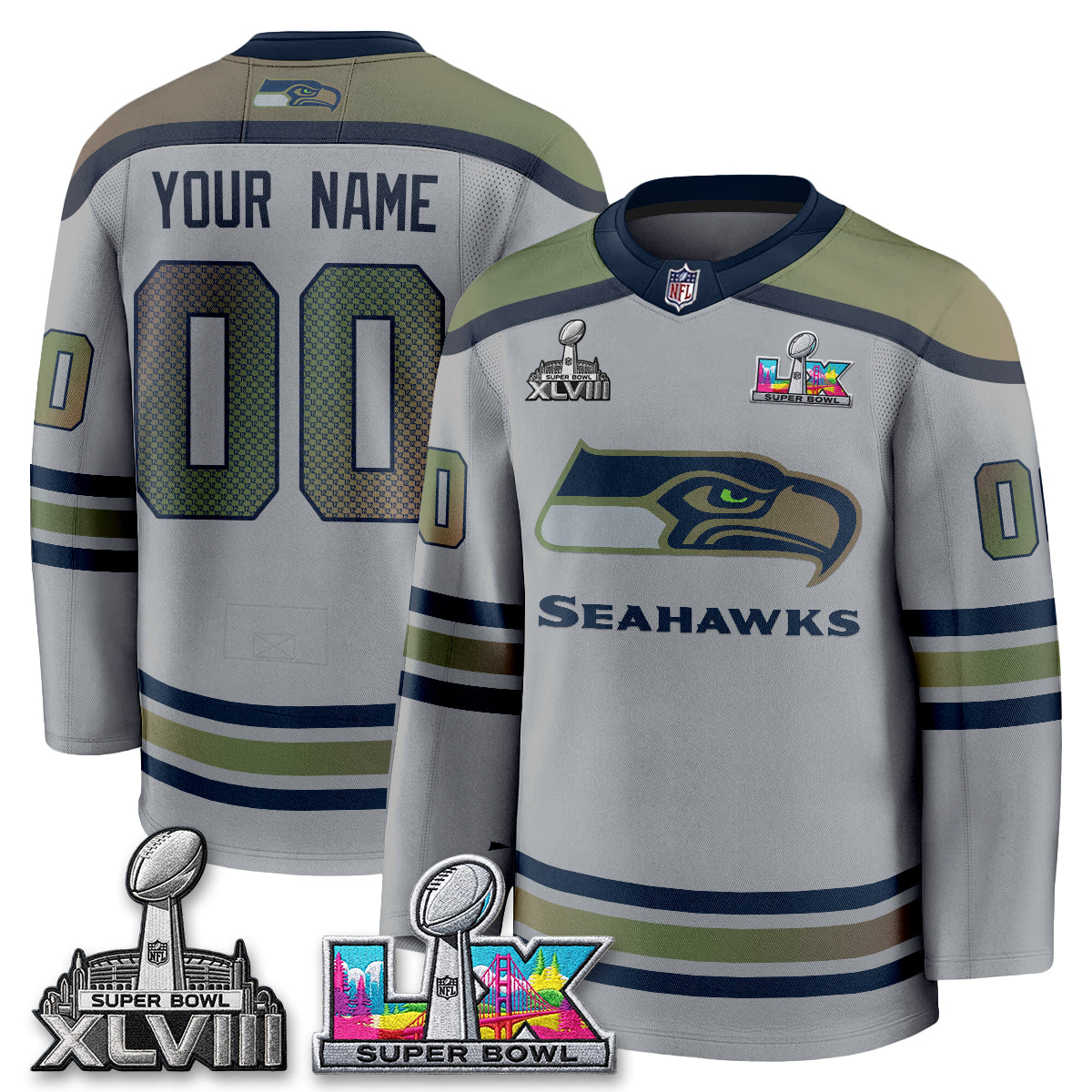 SEA 2X S.Bowl Champions Patch Custom Hockey Jersey - Stitched