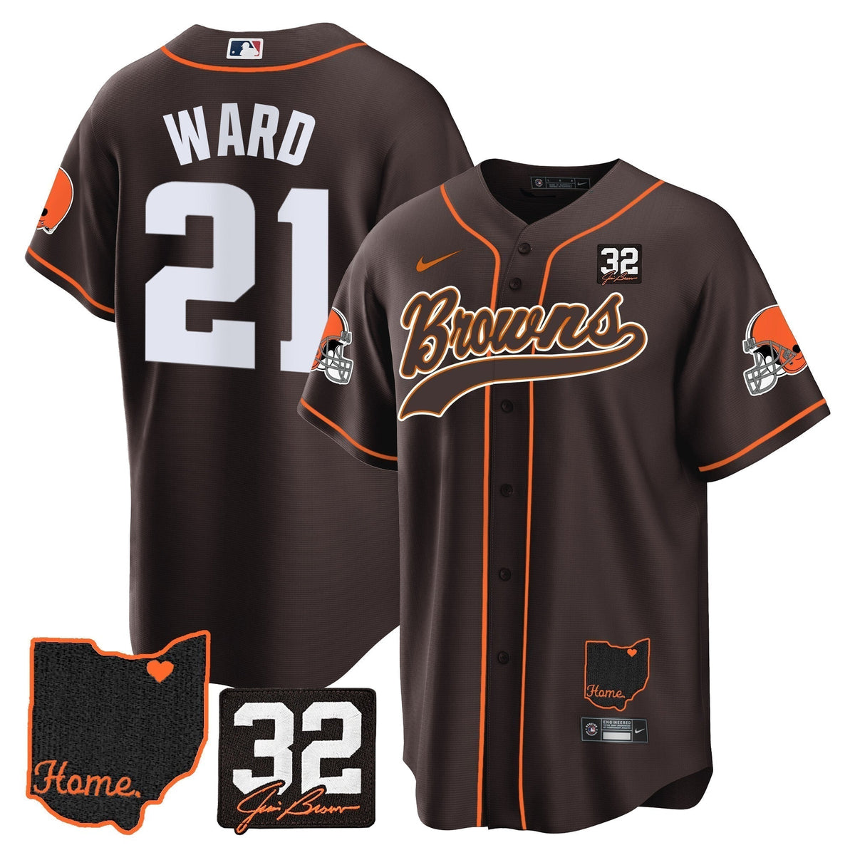 Men's Browns #32 Jim Brown Memorial & Home Patch Baseball Jersey V2 - All Stitched