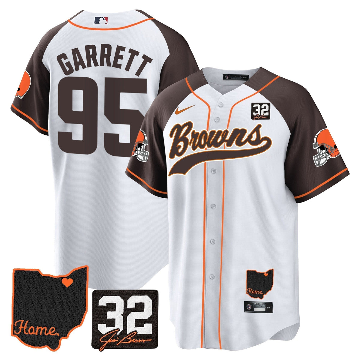 Men's Browns #32 Jim Brown Memorial & Home Patch Baseball Jersey V2 - All Stitched