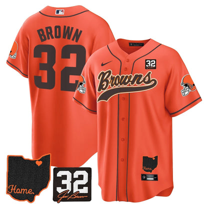 Men's Browns #32 Jim Brown Memorial & Home Patch Baseball Jersey V2 - All Stitched