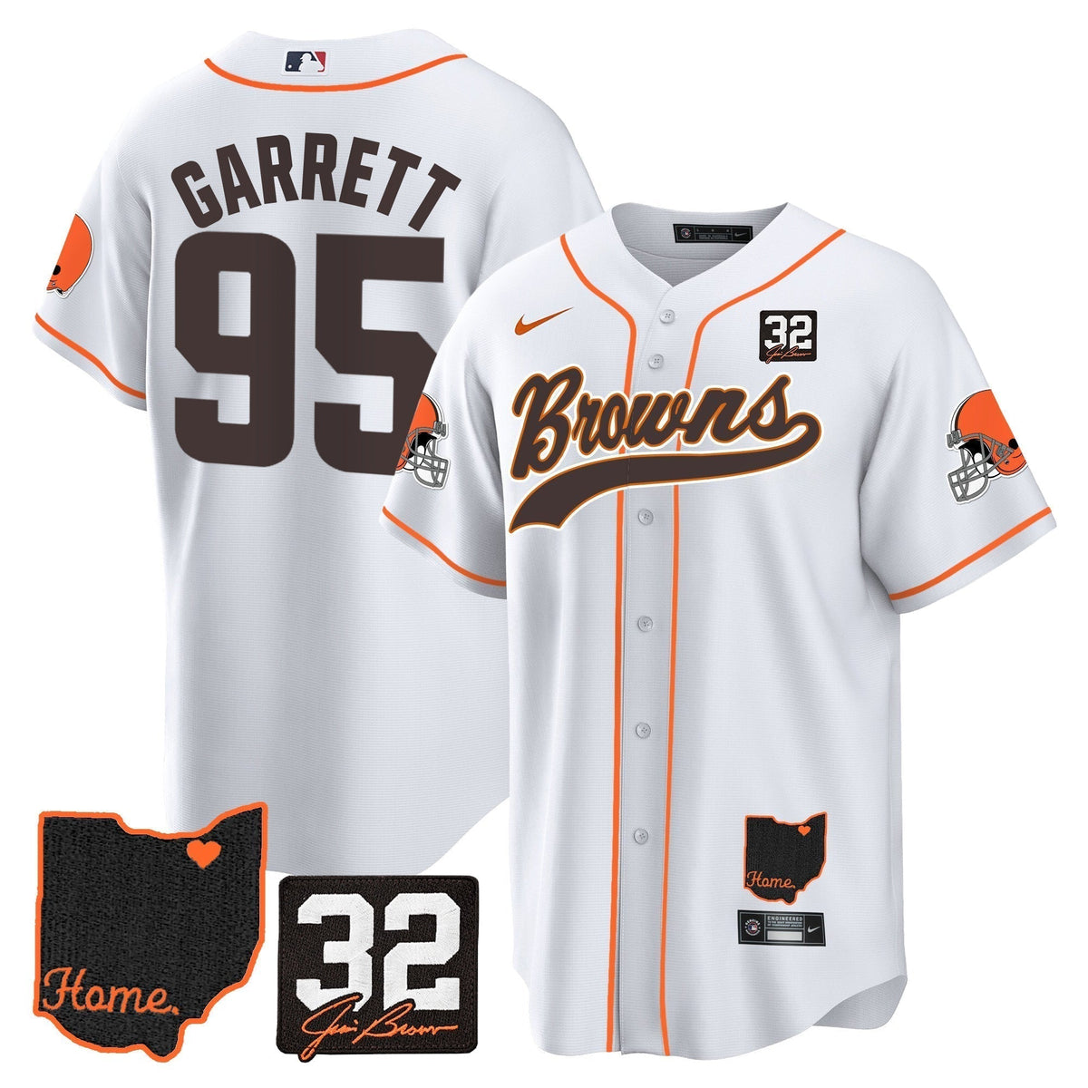 Men's Browns #32 Jim Brown Memorial & Home Patch Baseball Jersey V2 - All Stitched
