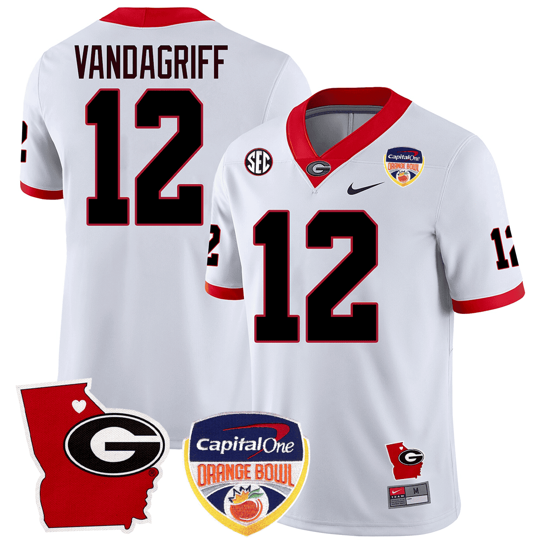 Men's Georgia Bulldogs Georgia State Map & Orange Bowl Patch Jersey - All Stitched