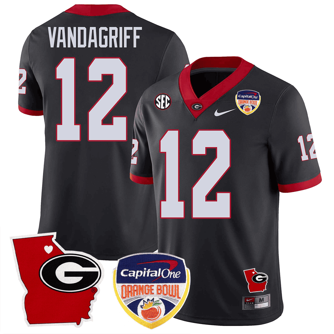Men's Georgia Bulldogs Georgia State Map & Orange Bowl Patch Jersey - All Stitched