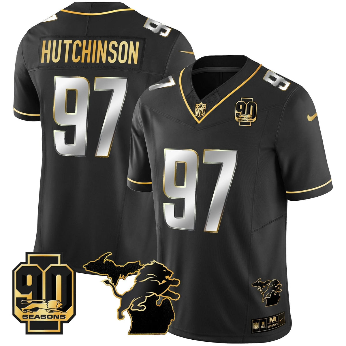 DET 90th Year & Michigan Patch Gold Vapor Jersey - All Stitched