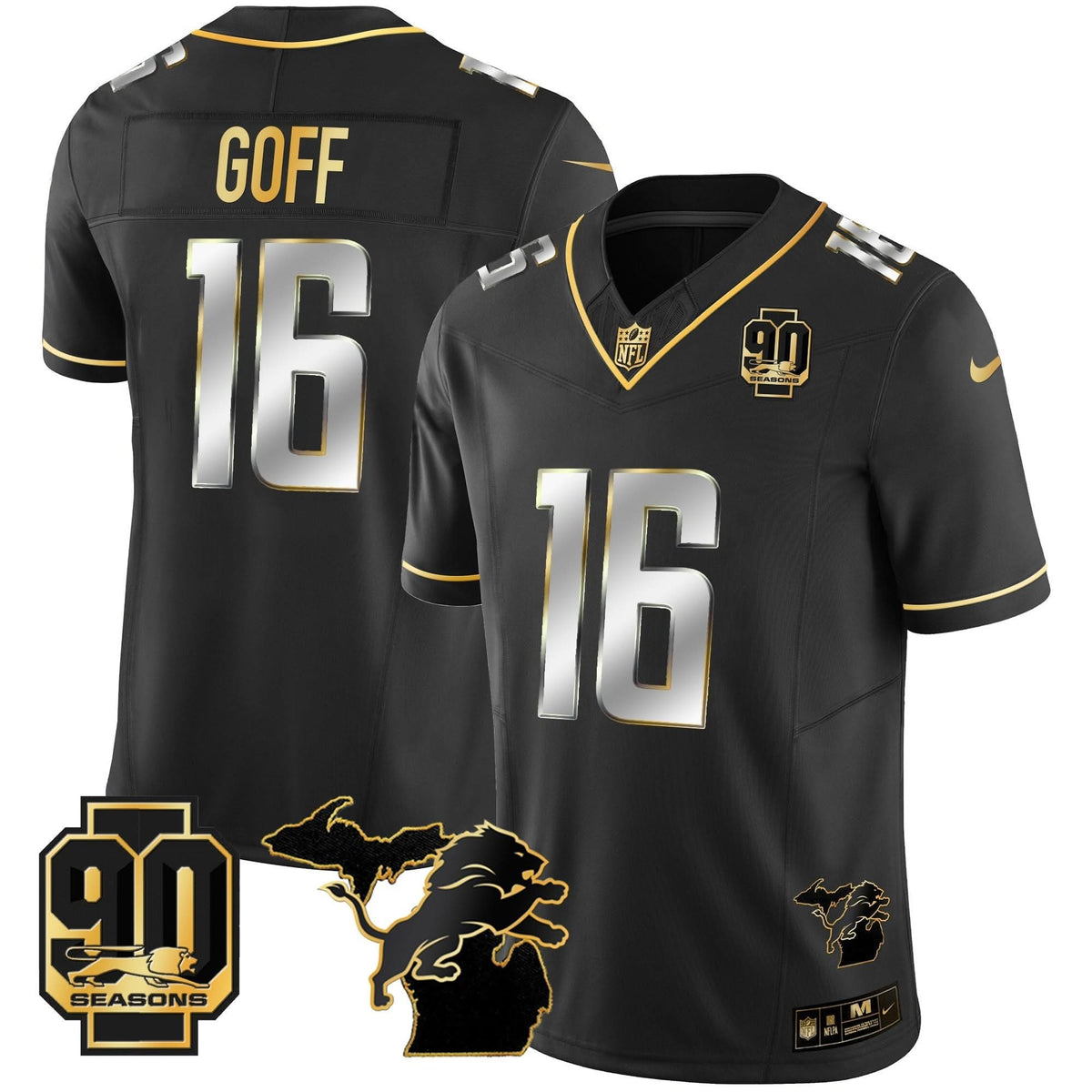 DET 90th Year & Michigan Patch Gold Vapor Jersey - All Stitched