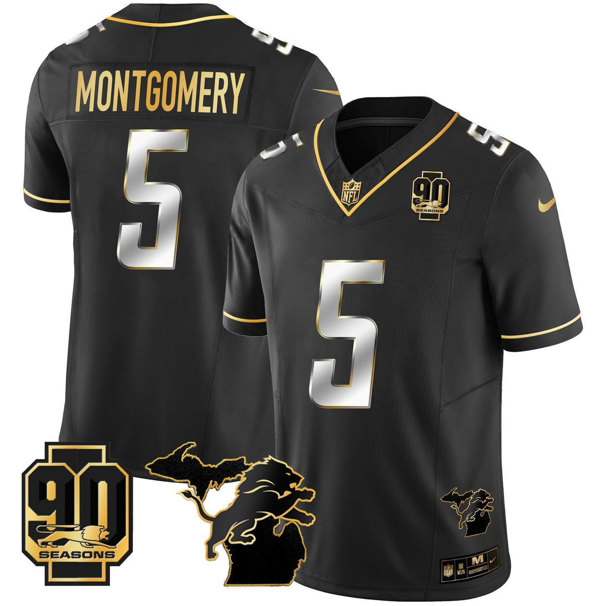 DET 90th Year & Michigan Patch Gold Vapor Jersey - All Stitched