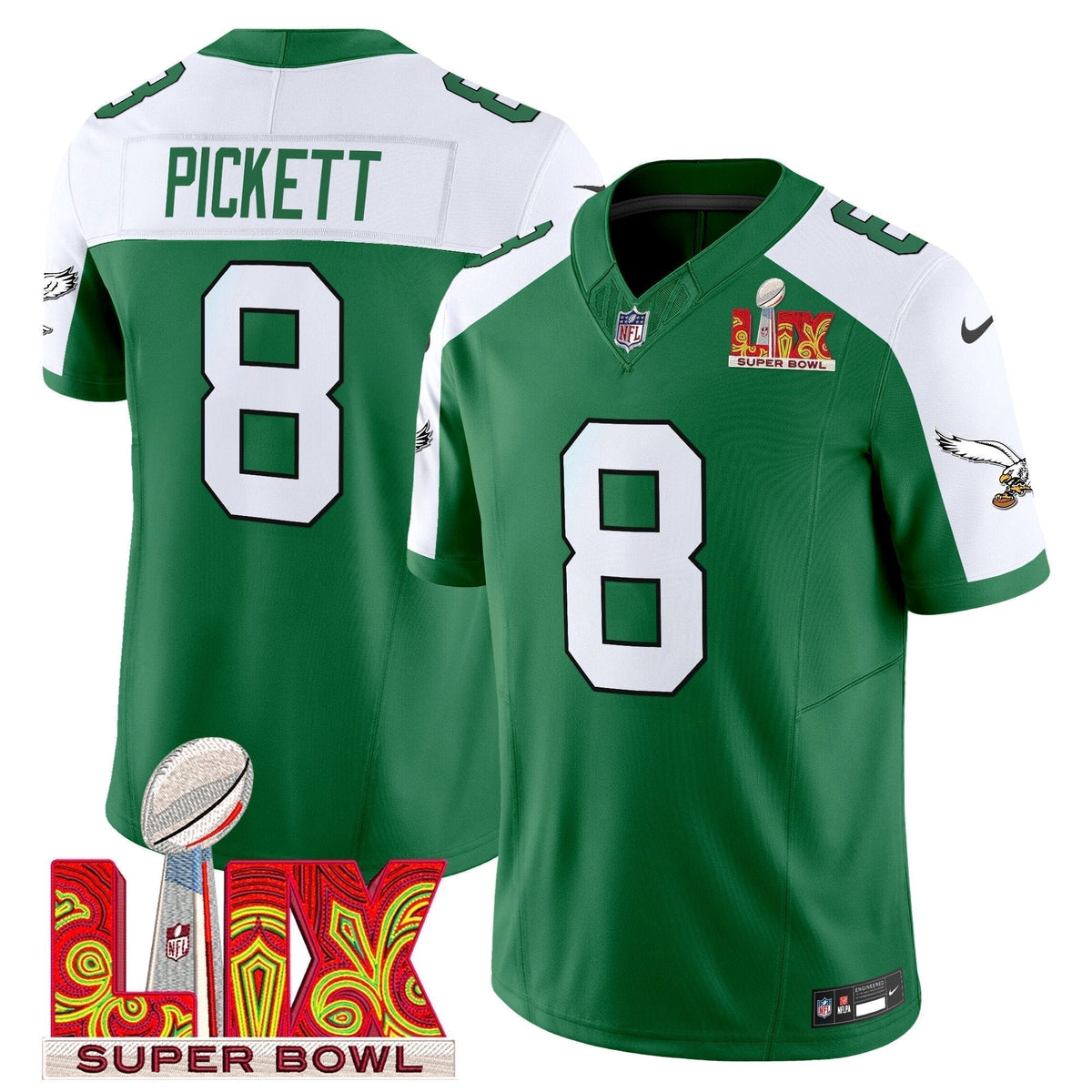 PHI Kelly Green Super Bowl LIX Patch Vapor Limited Jersey - Stitched