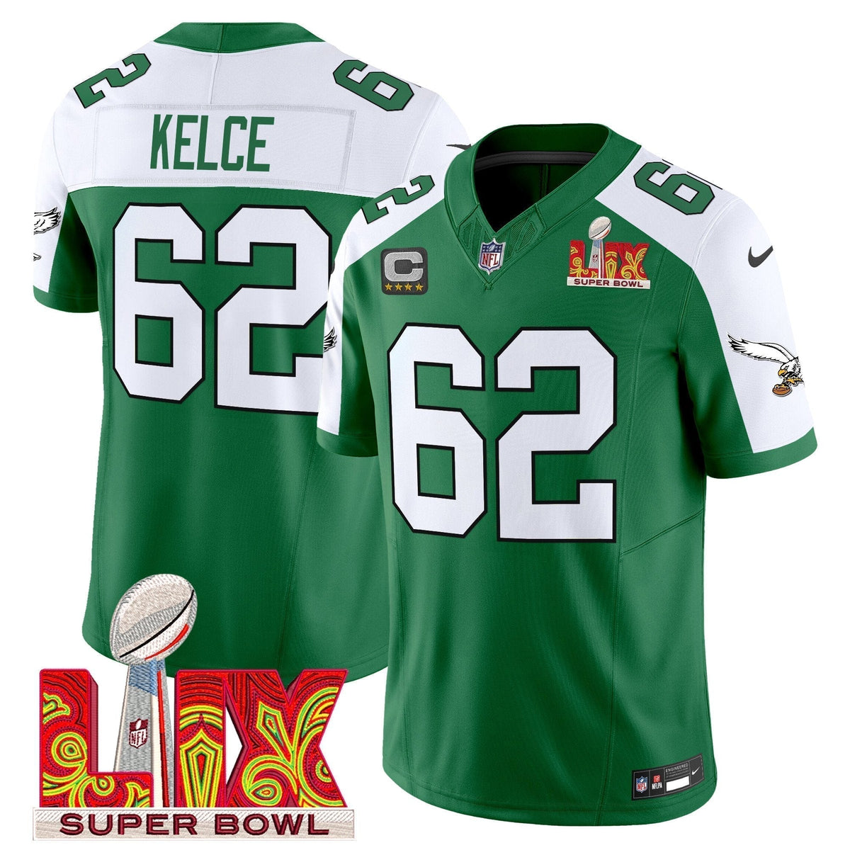 PHI Kelly Green Super Bowl LIX Patch Vapor Limited Jersey - Stitched