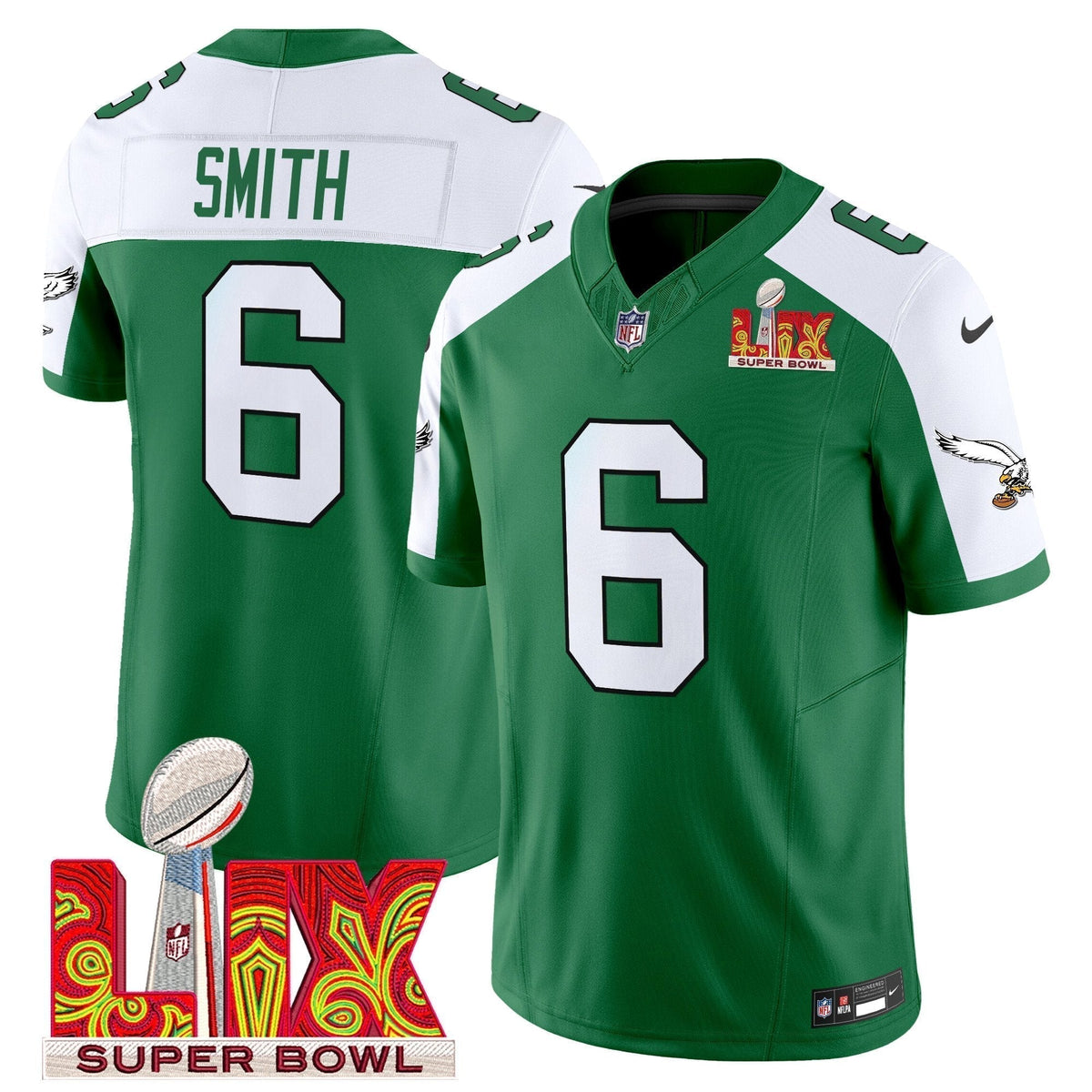 PHI Kelly Green Super Bowl LIX Patch Vapor Limited Jersey - Stitched