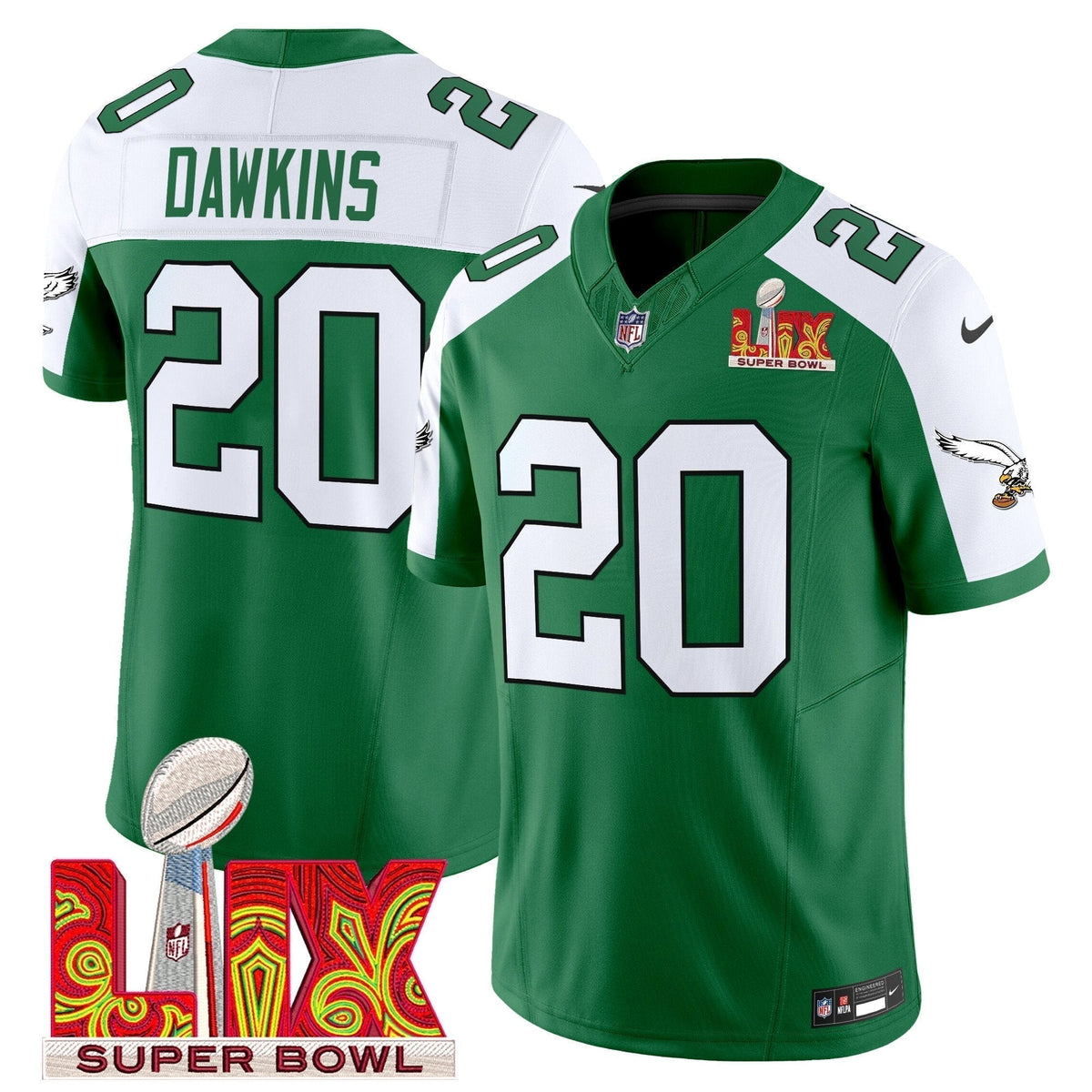 PHI Kelly Green Super Bowl LIX Patch Vapor Limited Jersey - Stitched