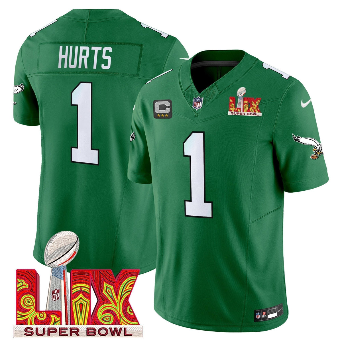PHI Kelly Green Super Bowl LIX Patch Vapor Limited Jersey - Stitched
