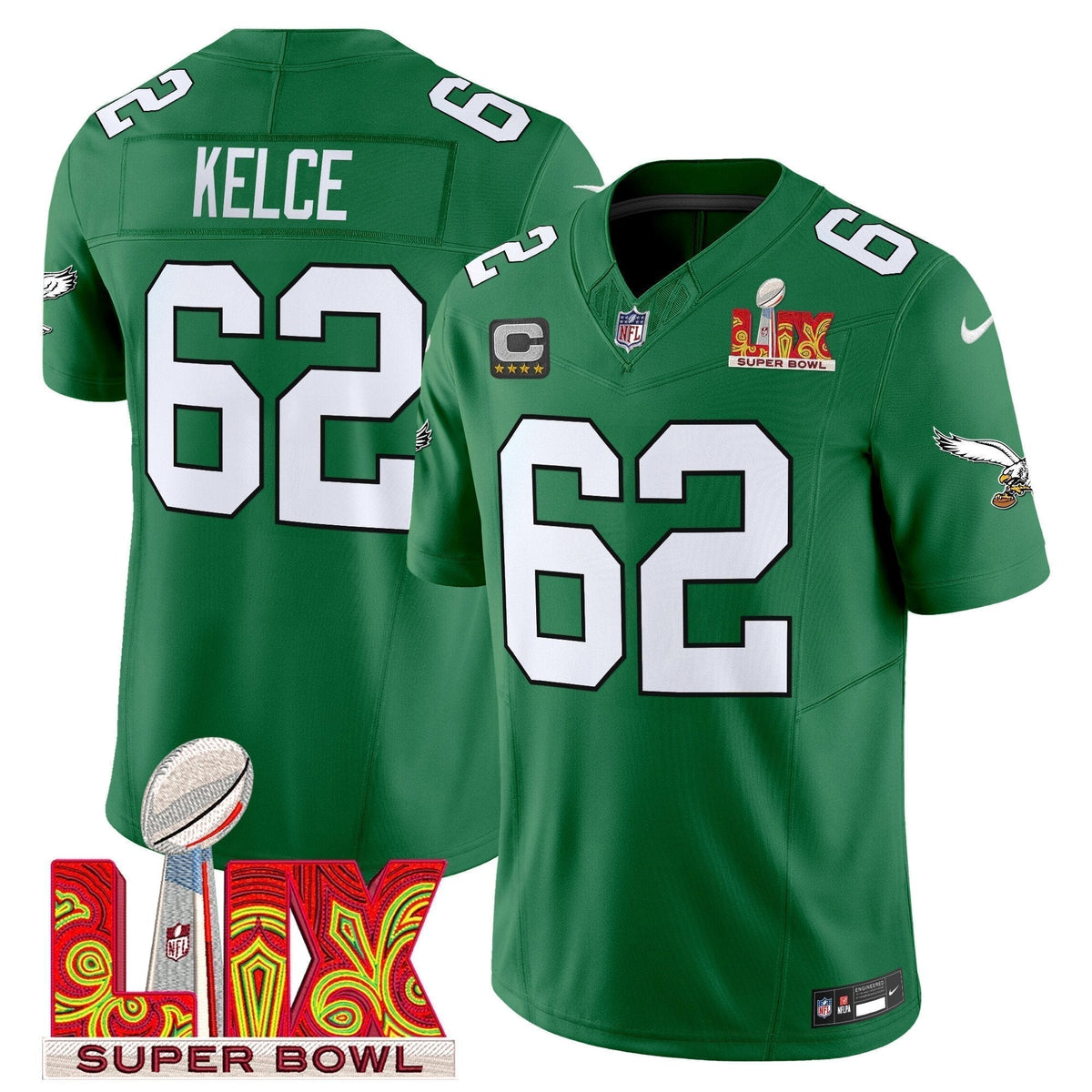 PHI Kelly Green Super Bowl LIX Patch Vapor Limited Jersey - Stitched