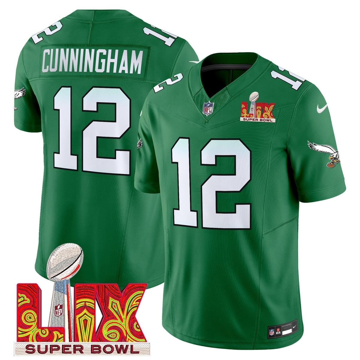 PHI Kelly Green Super Bowl LIX Patch Vapor Limited Jersey - Stitched