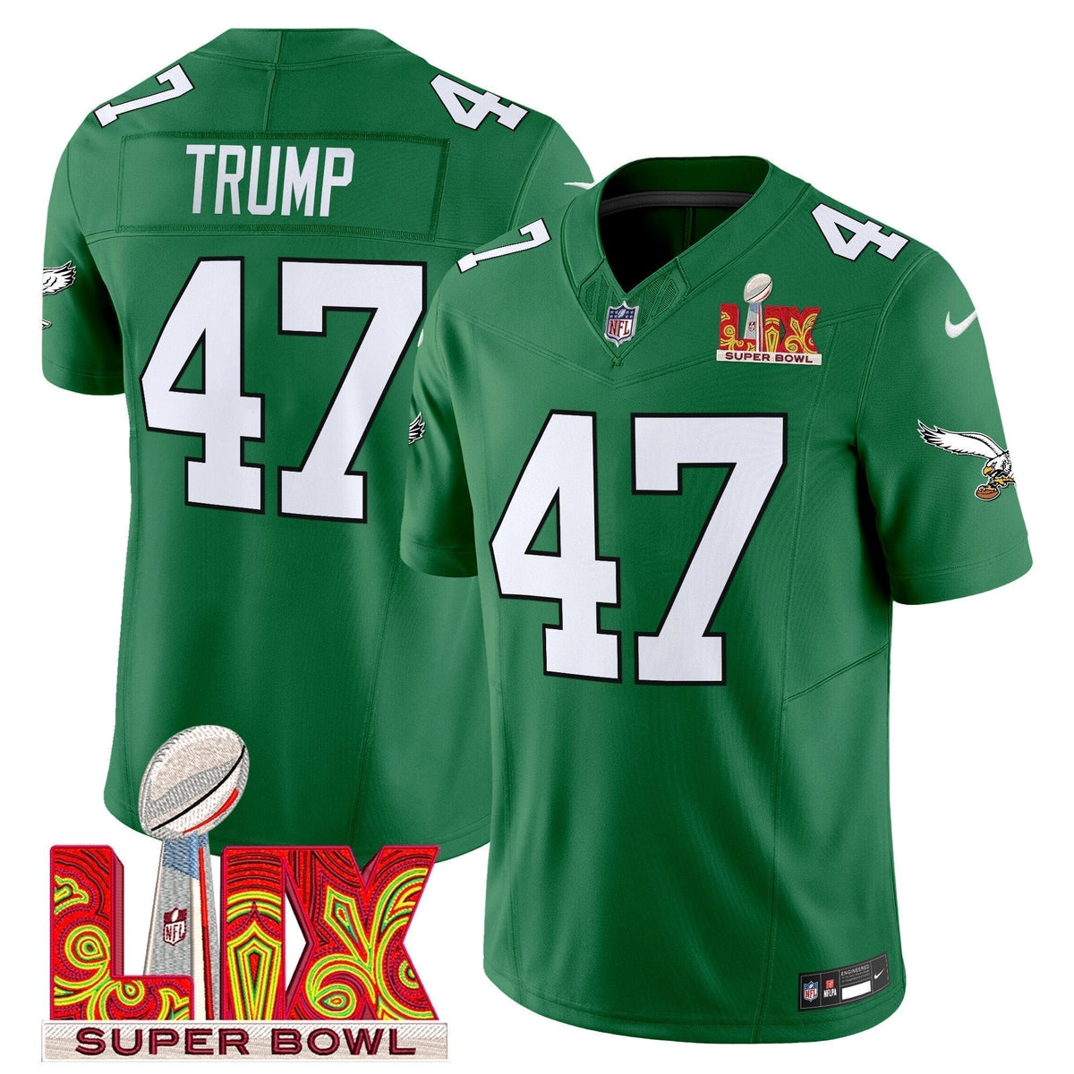 PHI Kelly Green Super Bowl LIX Patch Vapor Limited Jersey - Stitched