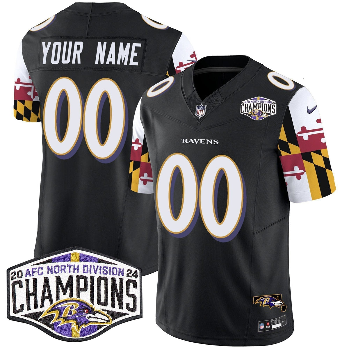 Ravens Maryland Flag 2024 AFC North Division Champions Patch Vapor Limited Custom Jersey - Stitched