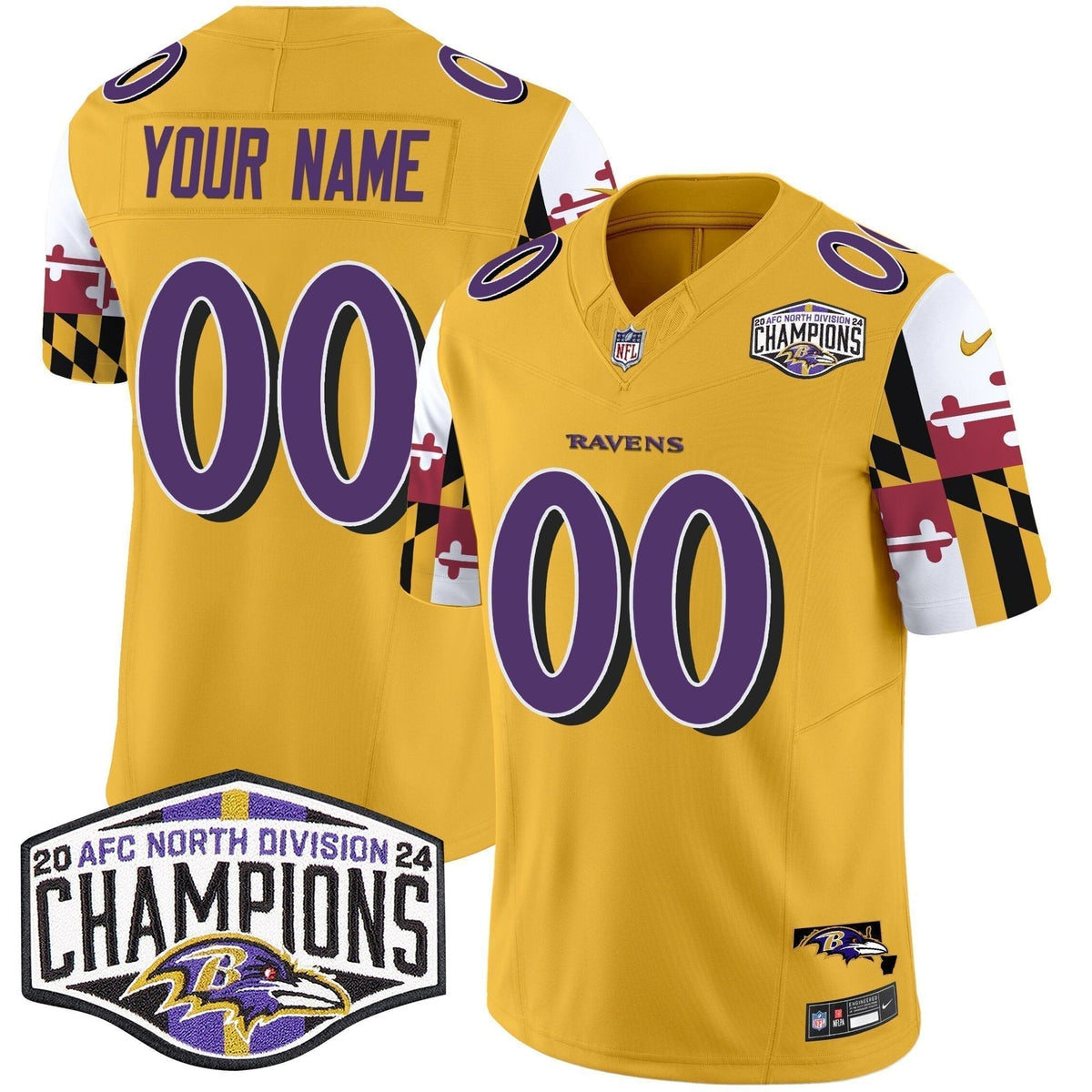 Ravens Maryland Flag 2024 AFC North Division Champions Patch Vapor Limited Custom Jersey - Stitched