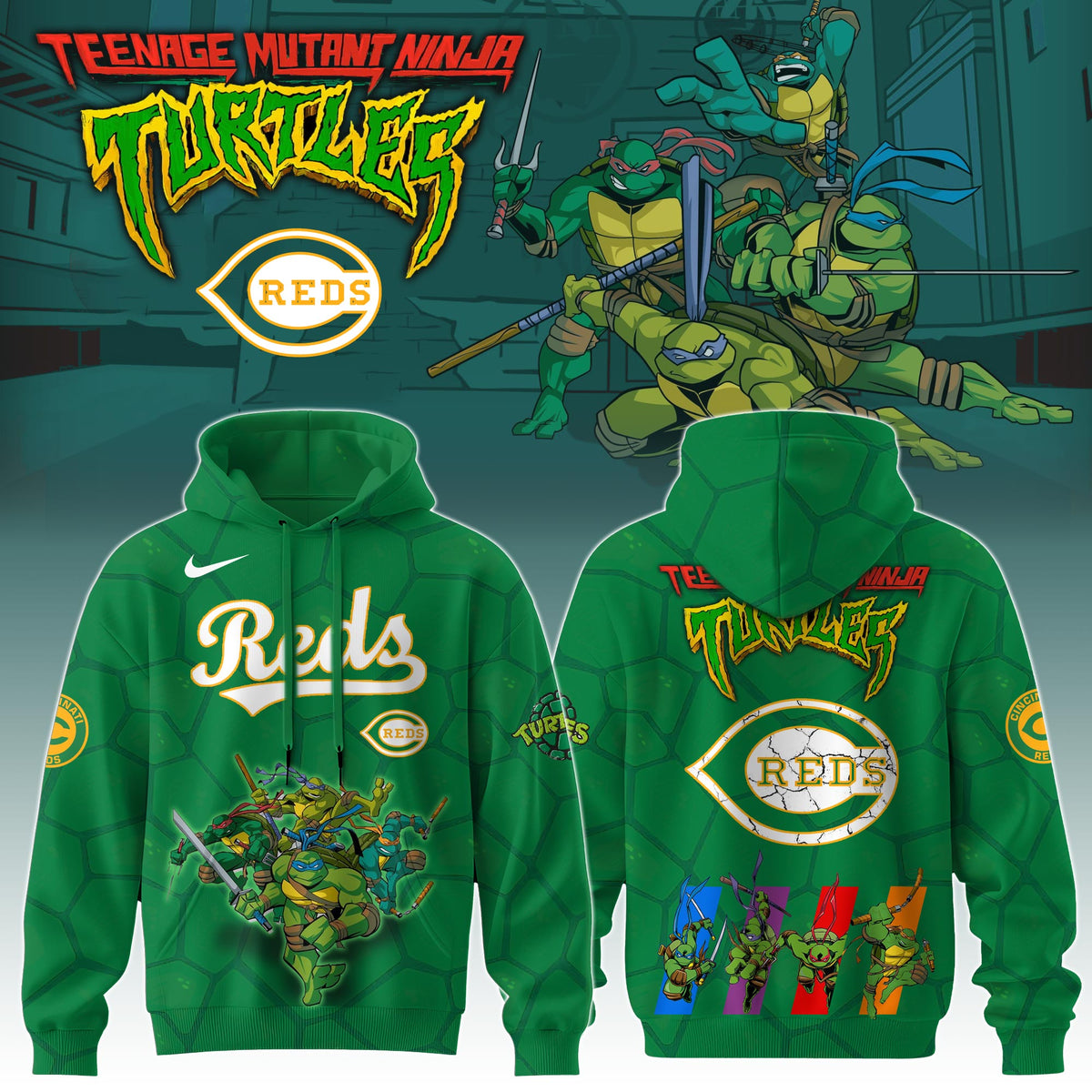 .         Cincinnati Reds MLB x Ninja Turtles Special Edition Hoodie 2025