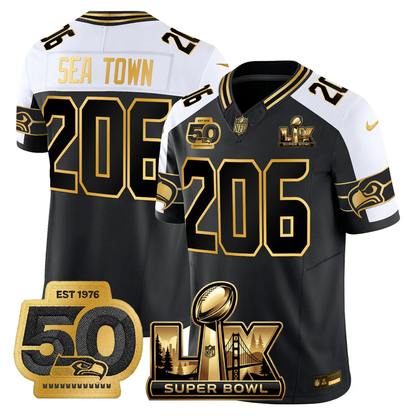 SEA Super Bowl LX - 50th Anniversary Patch Gold Vapor Limited Jersey - Stitched
