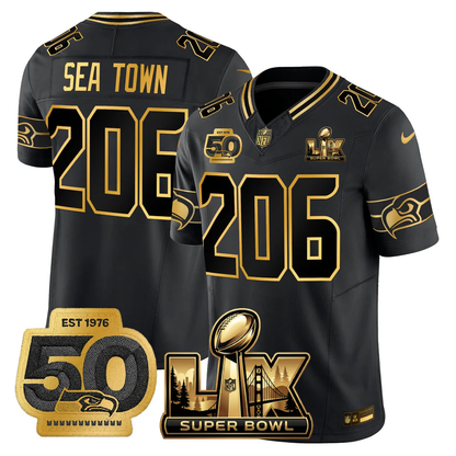 SEA Super Bowl LX - 50th Anniversary Patch Gold Vapor Limited Jersey - Stitched