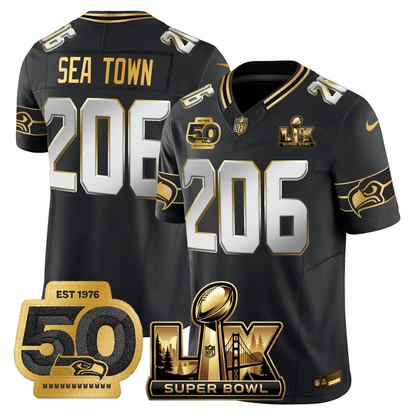 SEA Super Bowl LX - 50th Anniversary Patch Gold Vapor Limited Jersey - Stitched-NQD